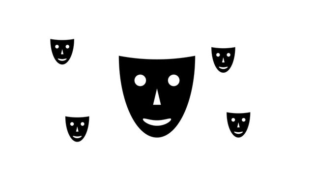 Zoom in and out animation the theatrical mask symbol. Large black symbol in the center and four small symbols around. Seamless looped 4k animation on white background