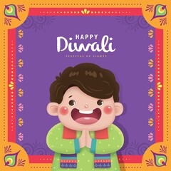 Happy Diwali poster with a cute Indian boy praying and celebrating Diwali festival.