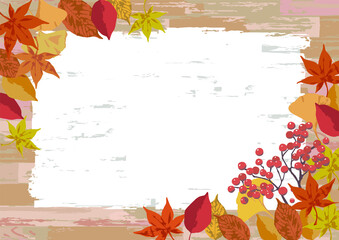 秋素材 落ち葉と紅葉 おしゃれな木目の手描き風フレームイラスト