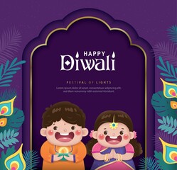 Happy Diwali poster with cute Indian boy and girl celebrating Diwali festival.