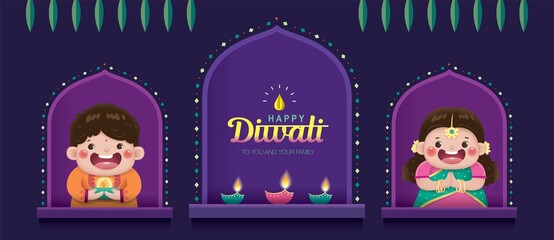 Happy Diwali poster with cute Indian boy and girl celebrating Diwali festival.