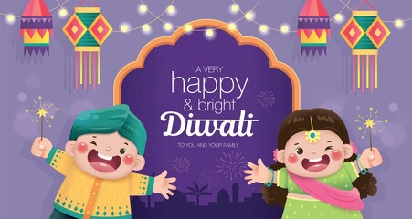 Happy Diwali poster with cute Indian boy and girl celebrating Diwali festival.