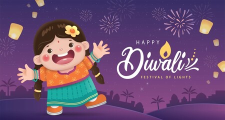Obraz na płótnie Canvas Happy Diwali poster with a cute little Indian girl celebrating Diwali festival.