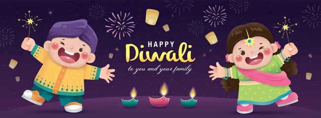 Happy Diwali poster with cute Indian kids playing fire crackers and celebrating Diwali festival.