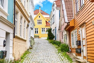 Fototapeta na wymiar Residental wooden houses in port district, Bergen, Norway