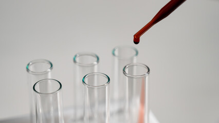Close-up of a laboratory assistant dripping blood from a pipette into a test tube on a white background. 