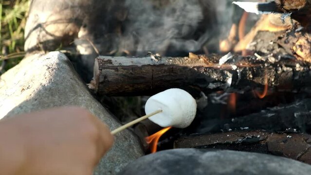 Close up of child's hands holding wooden stick and roasting sweet marshmallow on bonfire.