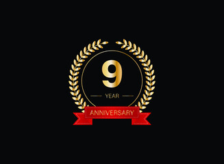 9th anniversary celebration with gold glitter color and white background. Vector design for celebrations, invitation cards and greeting cards. eps 10.