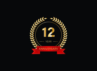 12th anniversary celebration with gold glitter color and white background. Vector design for celebrations, invitation cards and greeting cards. eps 10.