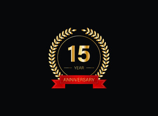 15th anniversary celebration with gold glitter color and white background. Vector design for celebrations, invitation cards and greeting cards. eps 10.