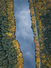 Beautiful  Autumn morning with breathtaking view of lake and colorful trees. Aerial landscape photography. Dhrontalsperre lake,Germany.