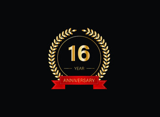 16th anniversary celebration with gold glitter color and white background. Vector design for celebrations, invitation cards and greeting cards. eps 10.
