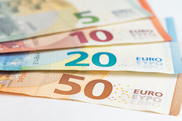 5, 10, 20, 50 euro banknotes. Money on white background