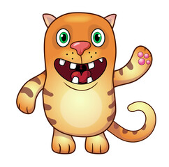 cartoon toy cat waves a greeting paw