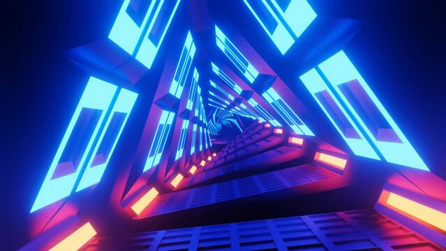 Flying through metallic glowing rotating neon triangles. 
Looping animation of the futuristic triangular tunnel that seamlessly repeat rotation.
4k video, 3d render.