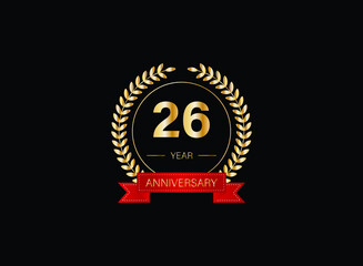 26th anniversary celebration with gold glitter color and white background. Vector design for celebrations, invitation cards and greeting cards. eps 10.