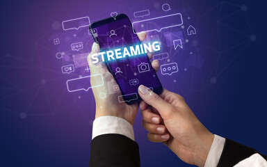 Obraz premium Hand using smartphone with social media concept