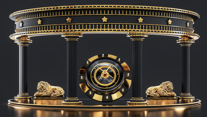 Roulette, gold and black stars on banner. Roulette in the center of roman column, isolated on dark background. Try your luck at the casino 3d rendering.