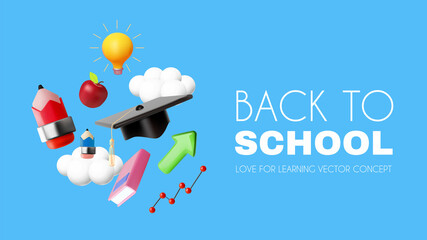 Back to school. Learn and study. Design template with school supplies.