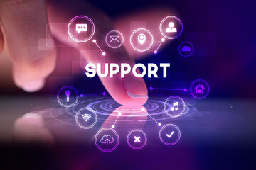 Finger touching tablet with web technology icons concept