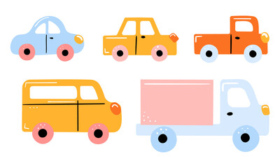 Baby cartoon transport set of hand-drawn cars. Vector child city collection.
