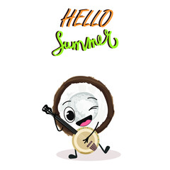 Vector illustration character, cartoon half pomegranate plays the ethnic drum, lettering hello summer. Summer time, summer vibes, fruits, organic.