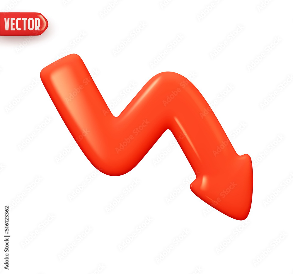 Wall mural curve arrow indicator pointing down red color. realistic 3d design in plastic cartoon style. icon is