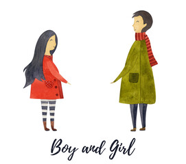 Boy and girl happy and in love smiling and happy figures. Watercolor hand-painted  illustration isolated on a white background. Perfect for any projects, prints, menu, cards, decor.