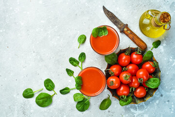 Bloody Mary cocktail. Tomato cocktail. Top view. On a stone background.