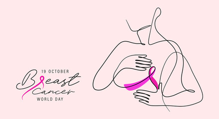 One line drawing of woman self check breast cancer and awareness ribbon - obrazy, fototapety, plakaty