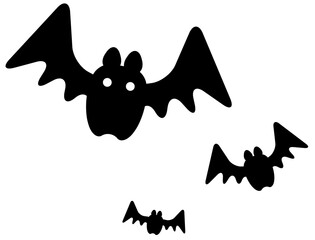 3匹のデフォルメされたコウモリの白黒シルエットカットイラスト