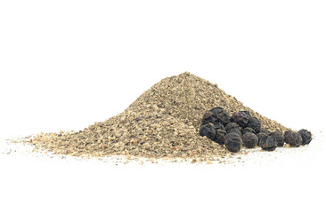 Pile of black ground pepper and peppercorns isolated on a white background