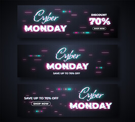 Website store banner set. Sale cyber monday template design neon glowing, Big sale special up to 70% off. Super Sale, end of season special offer banner.