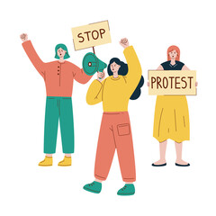 Vector illustration with protesting women. Girl with loudspeaker. Two girls with placards. Protest.