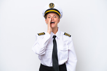 Airplane caucasian pilot woman isolated on white background shouting with mouth wide open