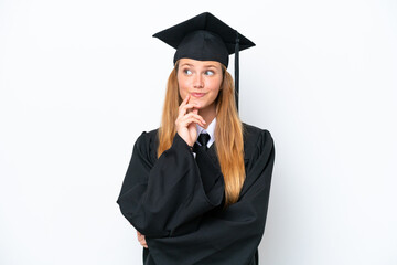 Young university graduate caucasian woman isolated on white background thinking an idea while...