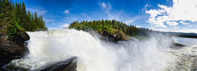 panorama from the waterfall tännforsen in sweden in nice weather in summer