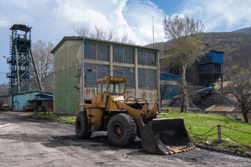 Obraz na płótnie Canvas Old mining facility and main entrance to Rudnik Soko, brown coal and copper mine. Sokobanja, Serbia 02.04.2022