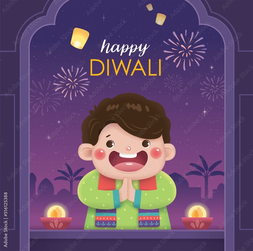 Wall mural happy diwali poster with a cute indian boy praying and celebrating diwali festival.