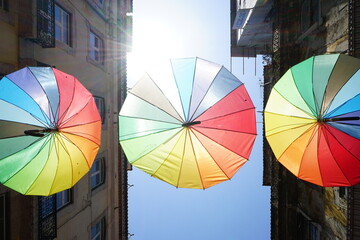 Hanging umbrellas in Lisbon road, Portugal