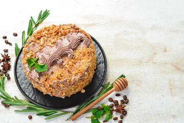 Biscuit cake with peanuts. Sweet pastries and dessert. Top view.