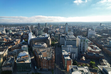 Manchester City Centre Drone Aerial View Above Building Work Skyline Construction Blue Sky Summer 2022 Beetham Tower Deansgate Square