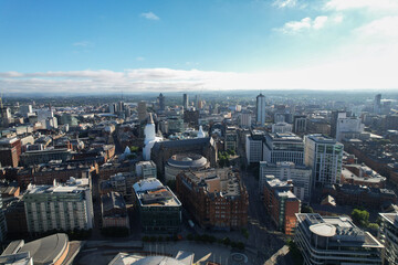 Manchester City Centre Drone Aerial View Above Building Work Skyline Construction Blue Sky Summer 2022 Beetham Tower Deansgate Square - obrazy, fototapety, plakaty