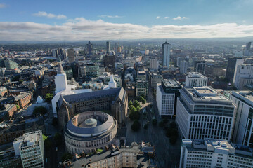 Manchester City Centre Drone Aerial View Above Building Work Skyline Construction Blue Sky Summer 2022 Town Hall