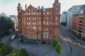 Manchester City Centre Drone Aerial View Above Building Work Skyline Construction Blue Sky Summer 2022 The Midland Hotel