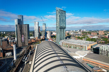 Manchester City Centre Drone Aerial View Above Building Work Skyline Construction Blue Sky Summer 2022 The Midland Hotel - obrazy, fototapety, plakaty