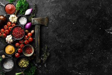 background of cooking. Spices and vegetables. Top view. Free space for your text.