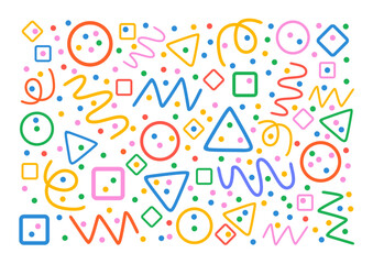 Colorful pattern. Circles, triangles, serpentine, dots, squares, rhombus and zigzag. Fun colorful line doodle shape background.