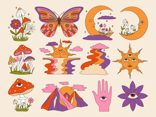 Vector set of 60s and 70s psychedelic clipart. Retro groovy mushrooms, flowers, eyes, sun, moon, butterfly. Cartoon hippie stickers. Vintage boho illustrations. Abstract trippy art