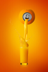 orange juice is pouring from an orange into a glass with many splashes on an orange background